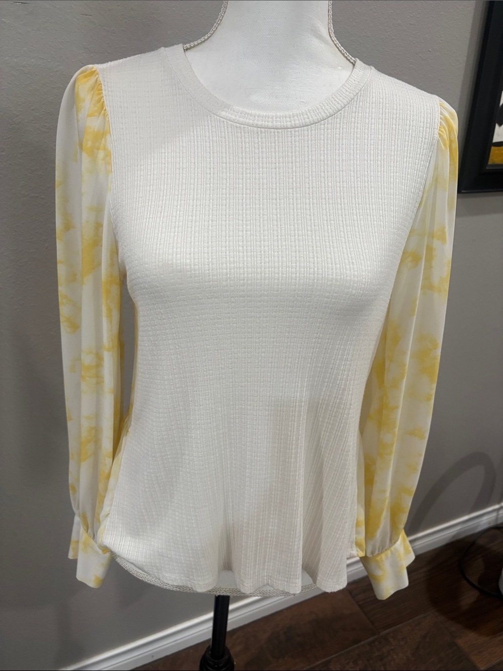 Anthropologie Ivory Knit Top with Yellow Printed Long Sleeves